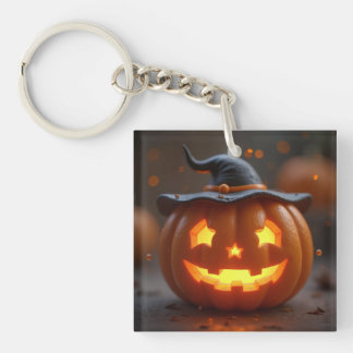 Halloween orange pumpkin wearing a witch hat key ring