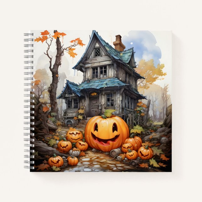 Halloween Orange Pumpkins In Front Of The House Notebook (Front)