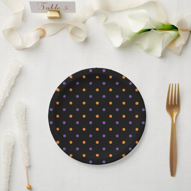 Halloween orange purple black polka dots party paper plate (Wedding)