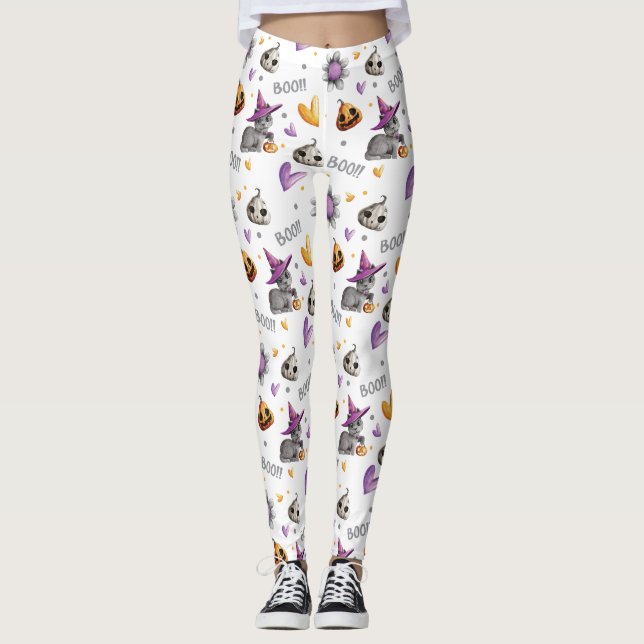 Halloween Orange & Purple Cats Pumpkins & Hearts   Leggings (Front)