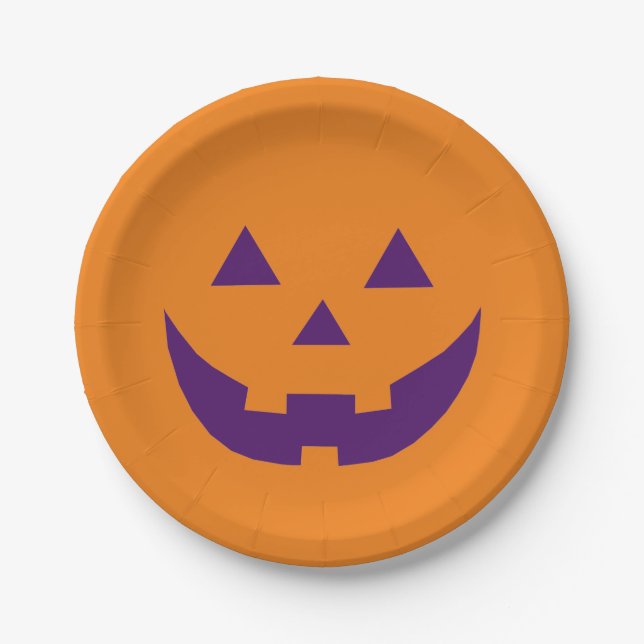 Halloween orange purple Jack o lantern pumpkin  Paper Plate (Front)