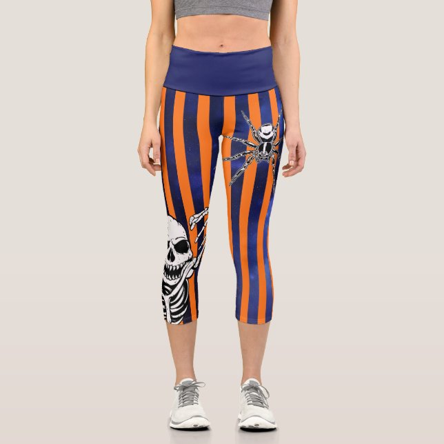 Halloween Orange Purple Spooky Skeleton Spider Capri Leggings (Front)