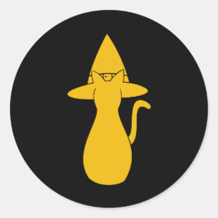Halloween Orange Silhouette Witchy Cat with hat Classic Round Sticker