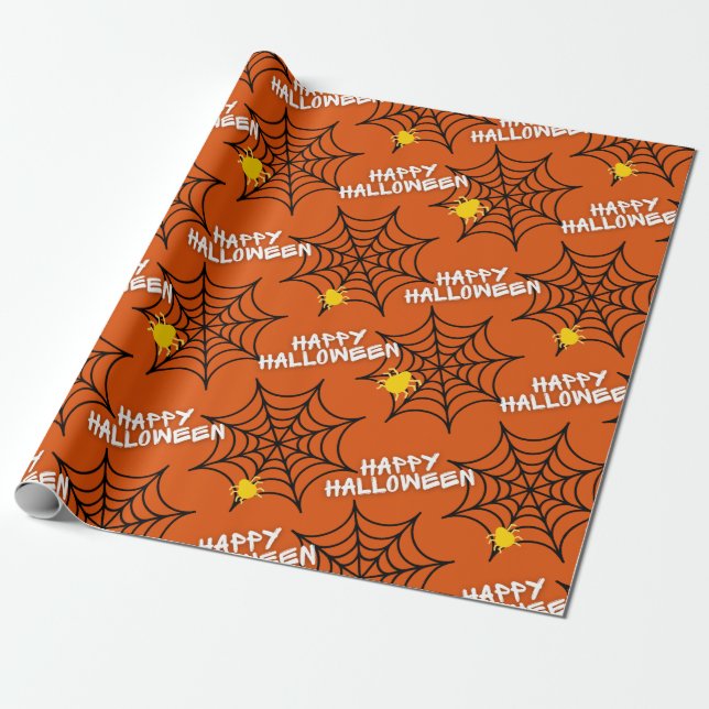 Halloween Orange Spider Web Wrapping Paper (Unrolled)