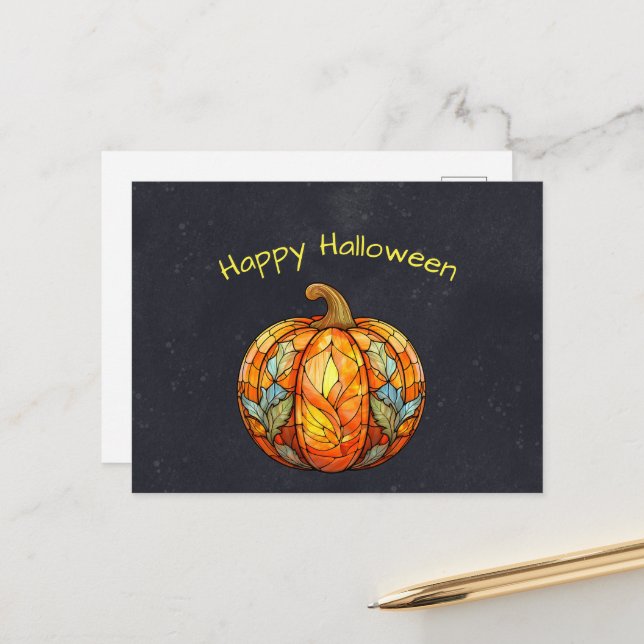 Halloween Orange Stained Glass Pumpkin Holiday Postcard (Front/Back In Situ)