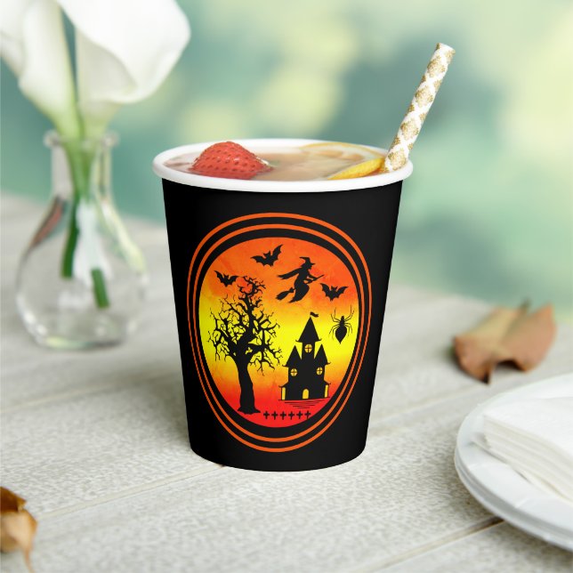 Halloween Orange Sunset Witch Haunted House Paper Cups (Insitu)