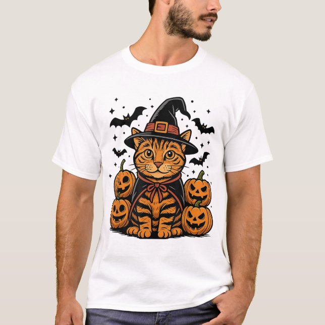 Halloween Orange Tabby Cat Witch Spooky Pumpkin  T-Shirt (Front)