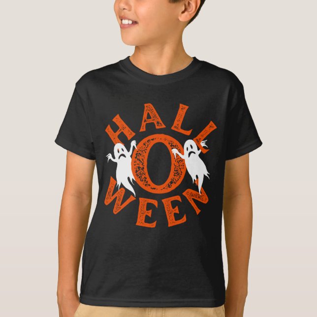 Halloween Orange Typography Ghosts T-Shirt (Front)