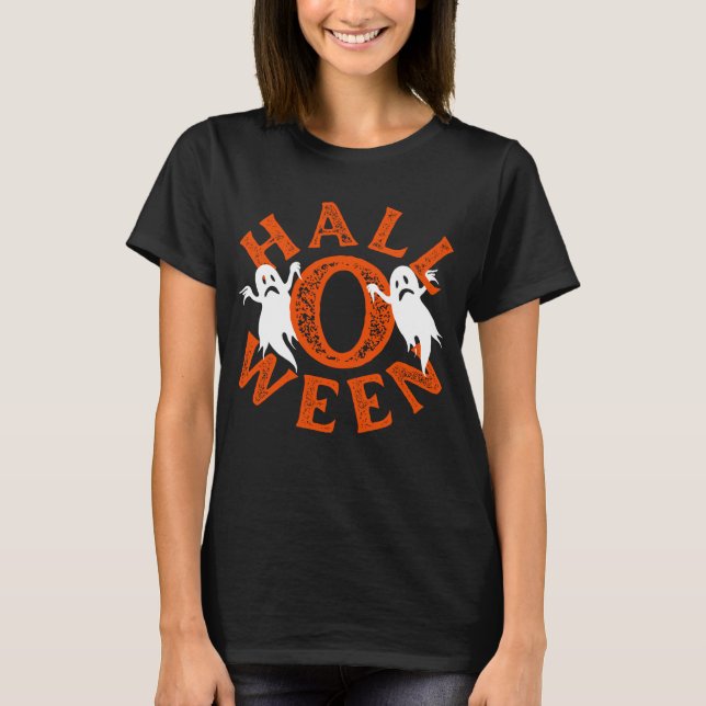 Halloween Orange Typography Ghosts T-Shirt (Front)