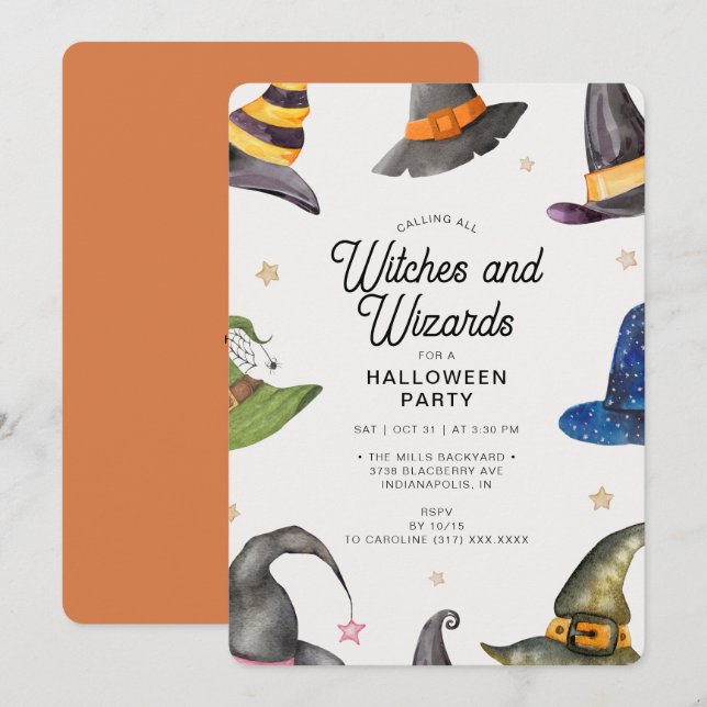 Halloween Orange Wizards & Witches  Party Invitation (Front/Back)