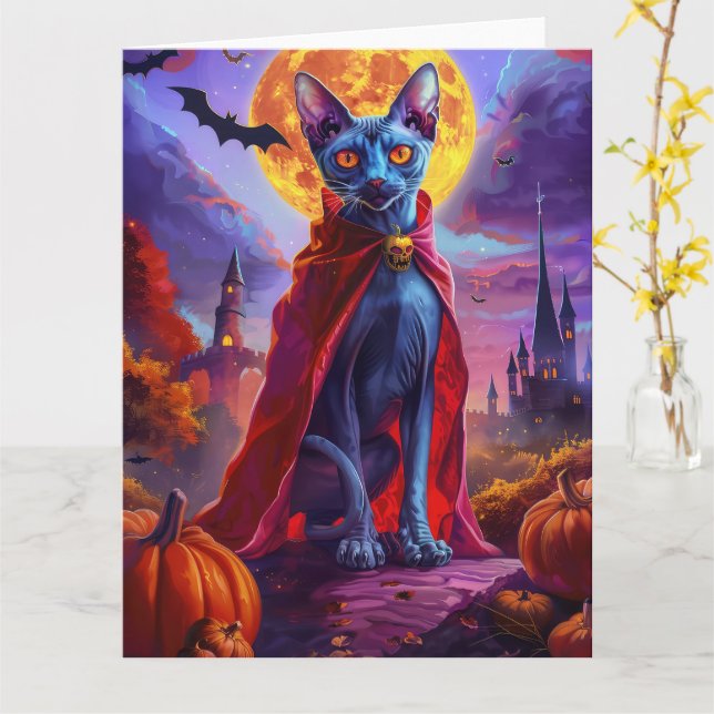 Halloween Oriental Blue Cat Vampire Pumpkins Scary Card (Yellow Flower)