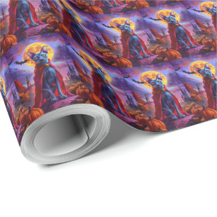 Halloween Oriental Blue Cat Vampire Pumpkins Scary Wrapping Paper