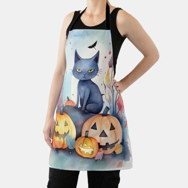 Halloween Oriental Blue Cat With Pumpkins Scary Apron (Insitu)