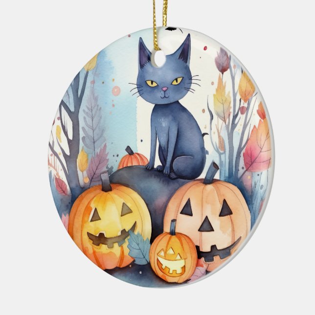 Halloween Oriental Blue Cat With Pumpkins Scary Ceramic Tree Decoration (Left)