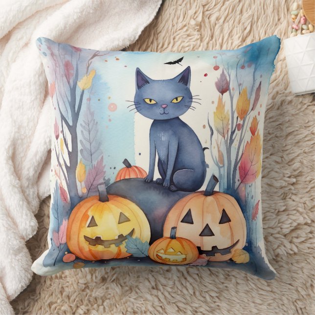 Halloween Oriental Blue Cat With Pumpkins Scary Cushion (Blanket)