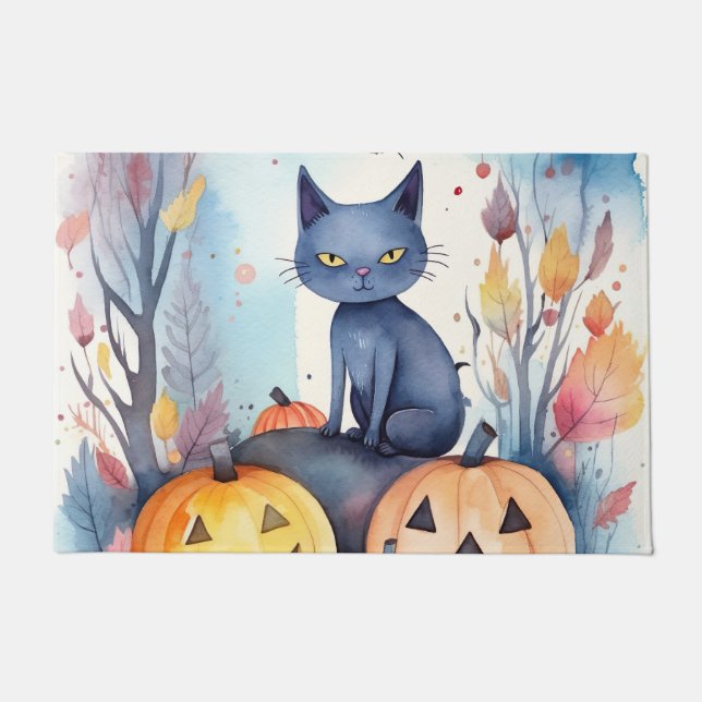 Halloween Oriental Blue Cat With Pumpkins Scary Doormat (Front)