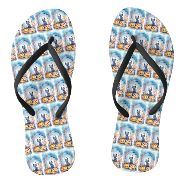 Halloween Oriental Blue Cat With Pumpkins Scary Flip Flops (Footbed)
