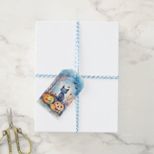 Halloween Oriental Blue Cat With Pumpkins Scary Gift Tags