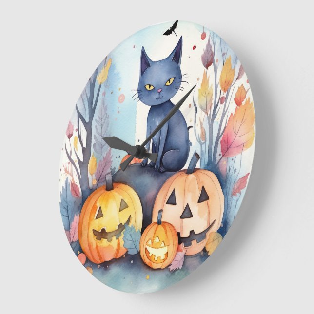 Halloween Oriental Blue Cat With Pumpkins Scary Large Clock (Angle)