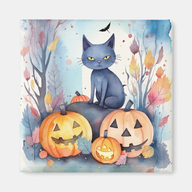Halloween Oriental Blue Cat With Pumpkins Scary Magnet (Front)