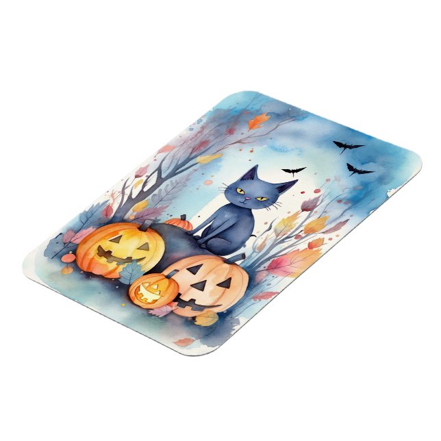 Halloween Oriental Blue Cat With Pumpkins Scary Magnet (Left Side)