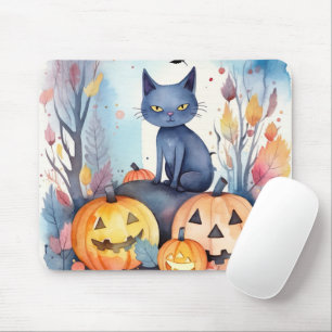 Halloween Oriental Blue Cat With Pumpkins Scary Mouse Mat