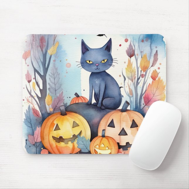 Halloween Oriental Blue Cat With Pumpkins Scary Mouse Mat (With Mouse)