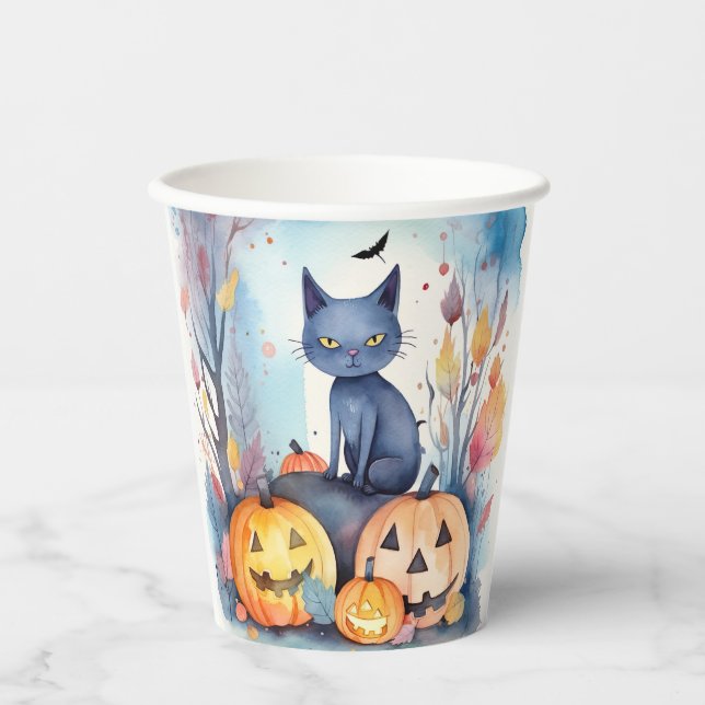Halloween Oriental Blue Cat With Pumpkins Scary Paper Cups (Front)