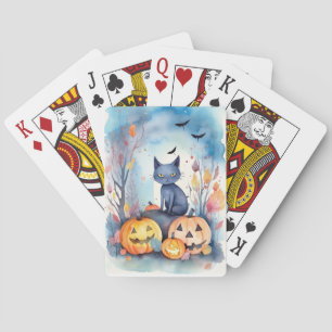 Halloween Oriental Blue Cat With Pumpkins Scary Playing Cards