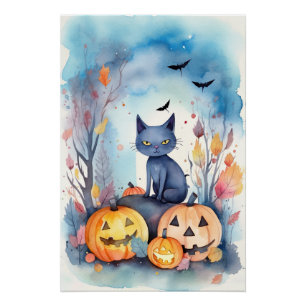 Halloween Oriental Blue Cat With Pumpkins Scary Poster