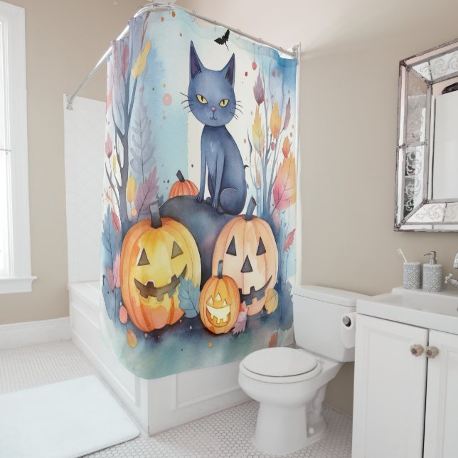 Halloween Oriental Blue Cat With Pumpkins Scary Shower Curtain (In Situ)