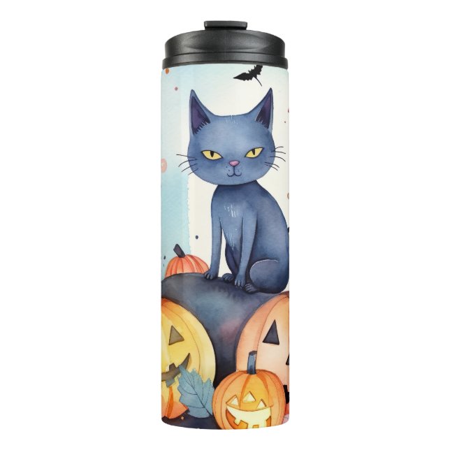 Halloween Oriental Blue Cat With Pumpkins Scary Thermal Tumbler (Front)