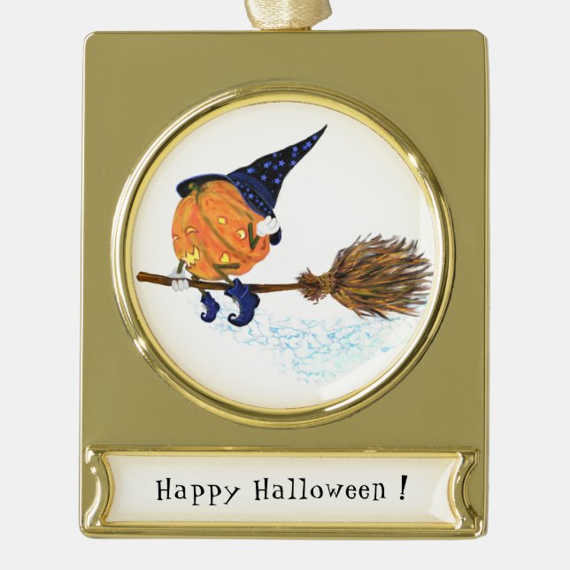 Halloween Ornament Witch Pumpkin Flying Broom (Front)