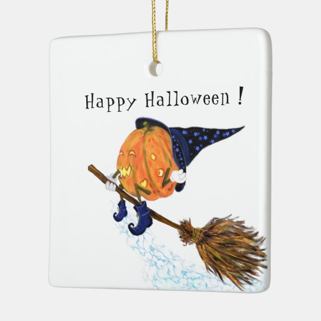 Halloween Ornament Witch Pumpkin Flying Broom Fun (Left)