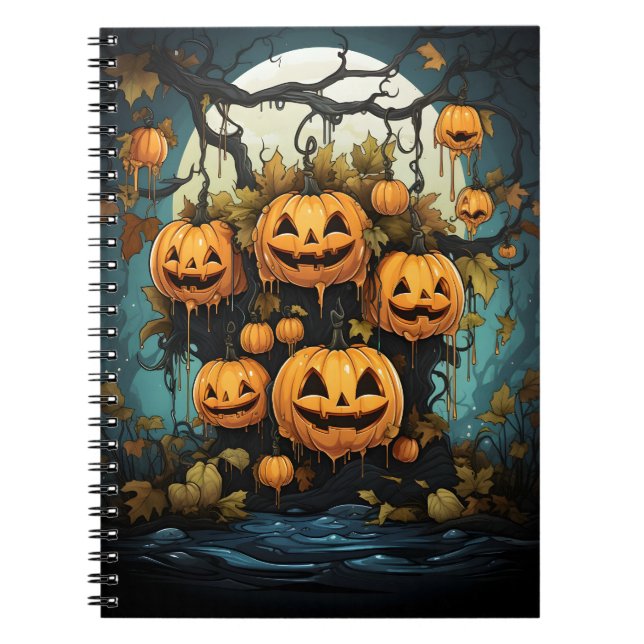 Halloween Outdoor Hanging Pumpkins On The Tree Notebook (Front)