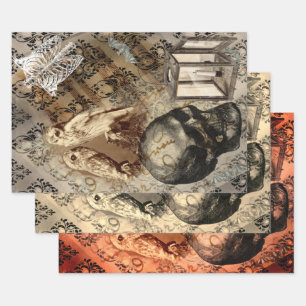 Halloween Owl and Skull Vintage Pattern  Wrapping Paper Sheet