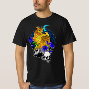 Halloween Owl Bird Blue Flowers with Skulls Moon T T-Shirt