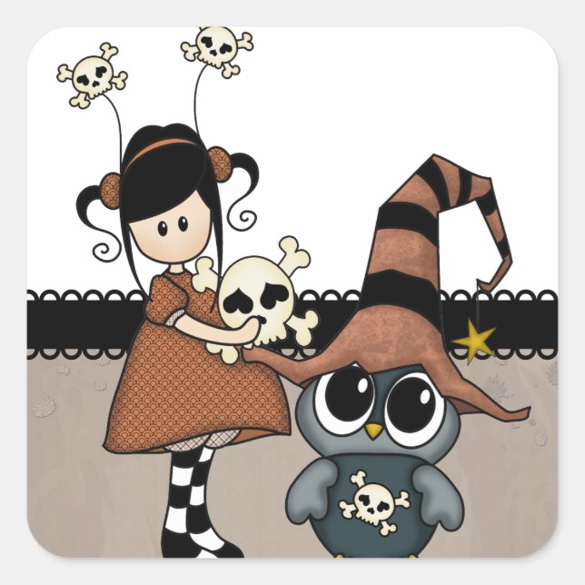 Halloween Owl & Girl with Skulls, Cute! Square Sticker (Front)