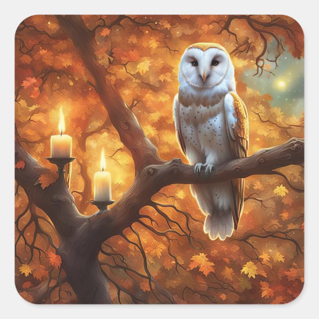 Halloween Owl in Fall Leaves Candles Square Sticker (Front)