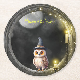Halloween Owl in Round Tower Window Paper Coaster
