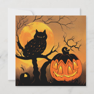 Halloween. Owl in the tree with pumpkin. moon. Card
