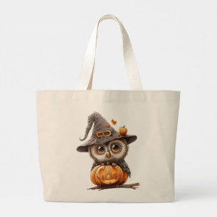 Halloween Owl on Pumpkin Large Tote Bag
