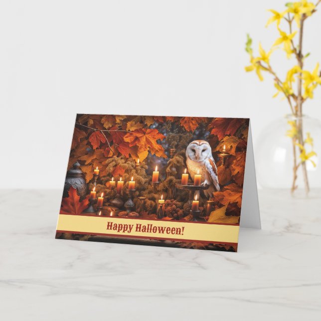 Halloween Owl with Candles and Fall Foliage Card (Yellow Flower)