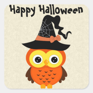 Halloween Owl with Witch Hat Square Sticker
