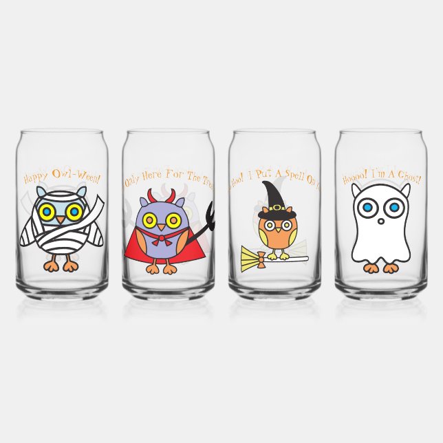 Halloween Owls Drinkware Set of 4 Can Glass (Front)