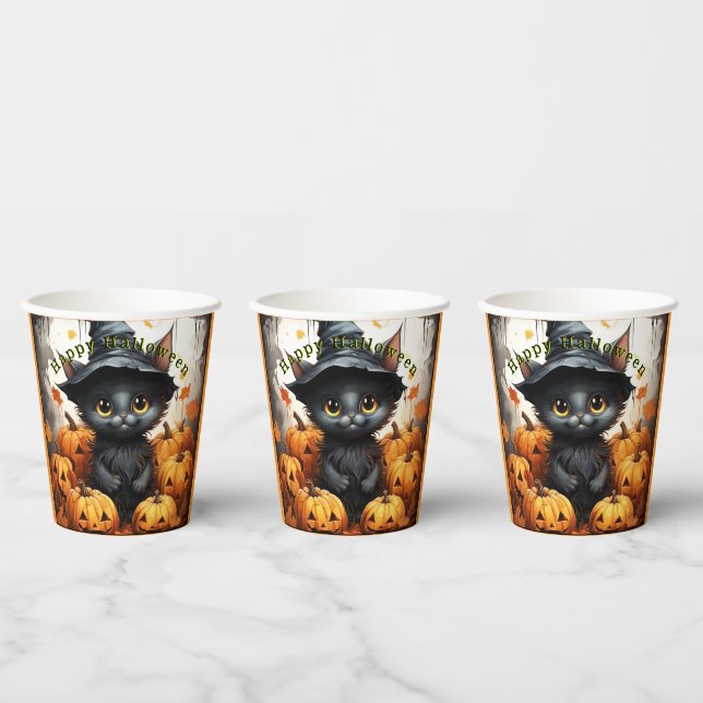 Halloween Paper Cups Black Kitten Pumpkins (Multi)