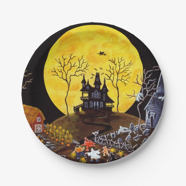 Halloween paper party plates,haunted village plate (Front)