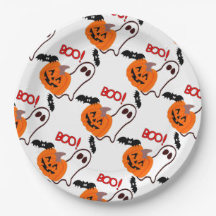 Halloween Paper Plates 9"/Pumpkin, Ghost and Bats