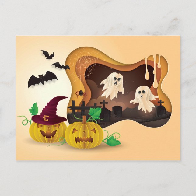 Halloween Papercut Cemetery Ghosts Postcard (Front)
