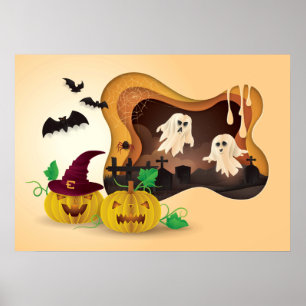 Halloween Papercut Cemetery Ghosts Poster